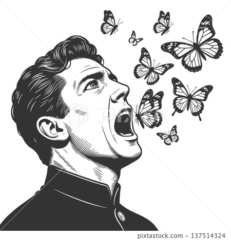 Surreal Man Releasing Butterflies From Open Mouth 137514324