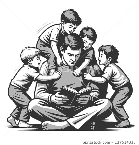 Father Reading Book Surrounded By Curious Children 137514333