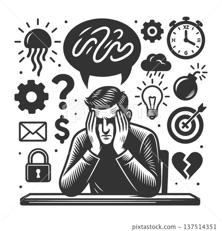 Overwhelmed Man Surrounded by Problems and Ideas Overwhelmed Man Surrounded by Problems and Ideas 137514351