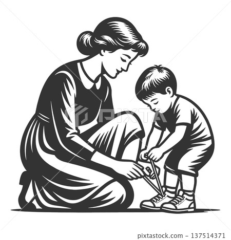 Mother Tying Child Shoe in Caring Moment raster Mother Tying Child Shoe in Caring Moment raster 137514371