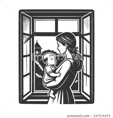 Mother Holding Baby Near Open Window sketch raster Mother Holding Baby Near Open Window sketch raster 137514373