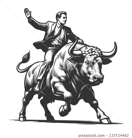 Businessman Riding Bull engraving sketch vector Businessman Riding Bull engraving sketch vector 137514402