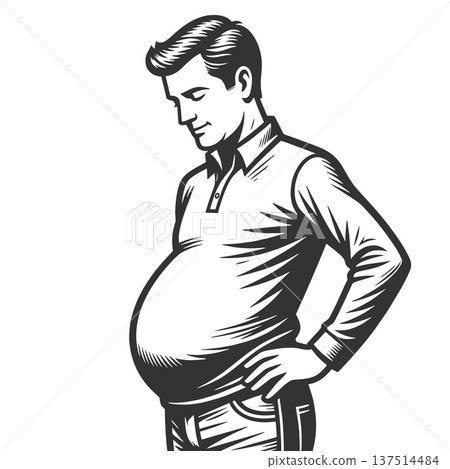 Overweight Man with Big Belly engraving vector 137514484