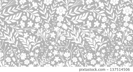 Cute seamless pattern in small flower. Small white flowers. Gray background. Ditsy floral background. The elegant the template for fashion prints. Hand drawn. Not AI, vector illustration Cute seamless pattern in small flower. Small white flowers. Gray background. Ditsy floral background. The elegant the template for fashion prints. Hand drawn. Not AI, vector illustration 137514506