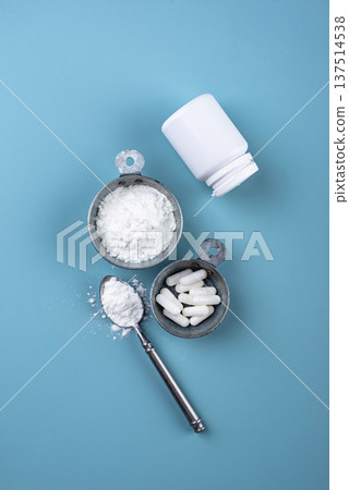 Collagen powder and pills. Healthy supplement Collagen powder and pills. Healthy supplement 137514538