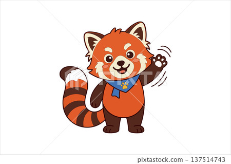 Cartoon red panda waving with blue bandana flat illustration isolated on white background 137514743