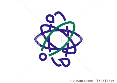 Minimalist purple and green abstract atom symbol logo isolated on white background 137514746
