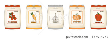 A set of vegetable seed packets with tomatoes, carrot, garlic, pumpkin and paprika icons isolated on white background A set of vegetable seed packets with tomatoes, carrot, garlic, pumpkin and paprika icons isolated on white background 137514747