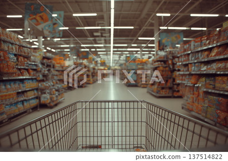 Shoppers push a cart down a grocery store aisle. Bright lights illuminate shelves of groceries. Shoppers push a cart down a grocery store aisle. Bright lights illuminate shelves of groceries. 137514822