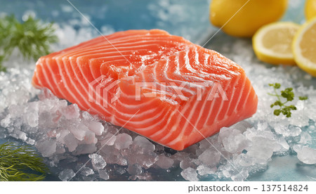 Salmon fillet rests on crushed ice. Lemon slices and dill garnish brighten the display. Salmon fillet rests on crushed ice. Lemon slices and dill garnish brighten the display. 137514824