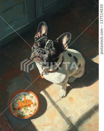 French Bulldog looks up on a tiled kitchen floor. A bowl of rice and vegetables sits nearby in warm light. French Bulldog looks up on a tiled kitchen floor. A bowl of rice and vegetables sits nearby in warm light. 137514830