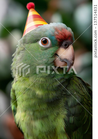 Parrot wearing a party hat in a green background. Festive party hat signals celebration. Parrot wearing a party hat in a green background. Festive party hat signals celebration. 137514831