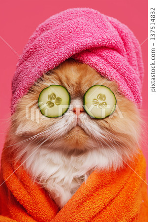 Cat wrapped in a pink towel sits with cucumber slices over its eyes in the living room. Bright pink background and orange towel create a playful spa mood. 137514832