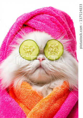 Cat wearing cucumber slices over its eyes on a white background. Wrapped in a pink towel and an orange scarf, the cat looks ready for a spa. Cat wearing cucumber slices over its eyes on a white background. Wrapped in a pink towel and an orange scarf, the cat looks ready for a spa. 137514833