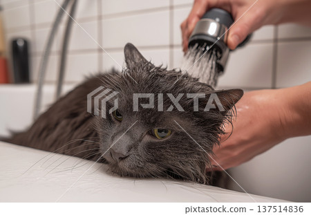 Gray cat is being bathed in a bathroom. Water sprays from a handheld shower over the cat. Gray cat is being bathed in a bathroom. Water sprays from a handheld shower over the cat. 137514836