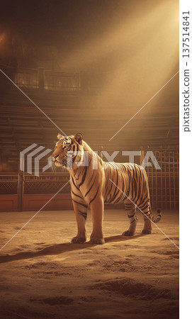 Tiger in a circus arena stands under a bright spotlight. Amber light bathes the tiger in the ring. Tiger in a circus arena stands under a bright spotlight. Amber light bathes the tiger in the ring. 137514841