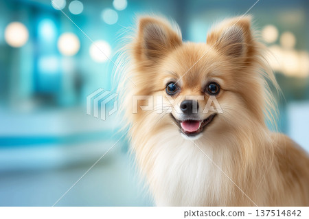 Pomeranian dog smiles by a bright blue lobby. Soft lighting highlights the fluffy face and big dark eyes. Pomeranian dog smiles by a bright blue lobby. Soft lighting highlights the fluffy face and big dark eyes. 137514842