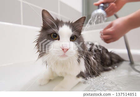Cat being washed in a bathroom with a handheld shower. Wet cat stares ahead as water streams. Cat being washed in a bathroom with a handheld shower. Wet cat stares ahead as water streams. 137514851