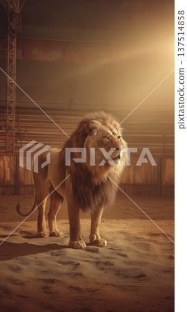 Lion stands in a circus arena under a warm spotlight. Stage lighting and enclosure create a dramatic, focused mood. Lion stands in a circus arena under a warm spotlight. Stage lighting and enclosure create a dramatic, focused mood. 137514858
