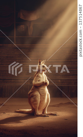 Kangaroo stands upright on a theatre stage. Spotlight beams down creating a dramatic moment. 137514867