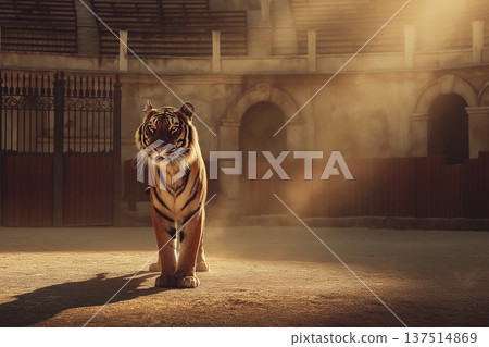 Tiger walks toward the viewer in a dusty arena. Golden light bathes the arena. 137514869