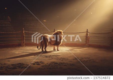 Lion stands in circus arena under warm spotlight. Dust swirls as the majestic lion faces the empty seats. Lion stands in circus arena under warm spotlight. Dust swirls as the majestic lion faces the empty seats. 137514872