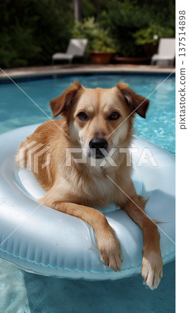 Dog relaxing on a light blue inflatable ring in a backyard pool. Sunny backyard setting with poolside chairs and plants. 137514898