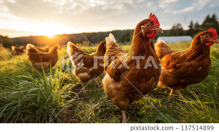 Chickens roam a sunlit farm yard at sunset. Golden sunset light bathes the scene. 137514899