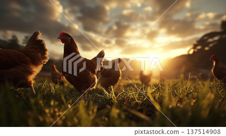 Chickens forage in a sunlit farm field at sunset. Golden hour light bathes the scene. Chickens forage in a sunlit farm field at sunset. Golden hour light bathes the scene. 137514908