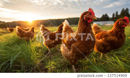 Chickens on a sunlit farm field peck at the grass. Sunset glow lights the scene. Chickens on a sunlit farm field peck at the grass. Sunset glow lights the scene. 137514909