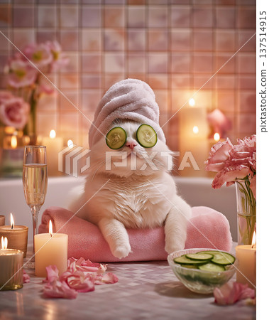 Cat in spa bath relaxing with a towel on its head. Cucumber slices cover its eyes and candlelight glows. 137514915