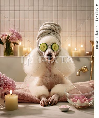 Poodle relaxes in bathroom spa with cucumber slices over eyes. Candlelight and flowers enhance a calm pampering moment. Poodle relaxes in bathroom spa with cucumber slices over eyes. Candlelight and flowers enhance a calm pampering moment. 137514916