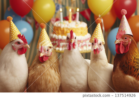 Five chickens wear yellow party hats at a birthday party in front of a cake and balloons. A birthday cake with lit candles and colorful balloons creates a festive mood. 137514926