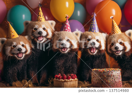Red pandas wearing party hats pose at a birthday party in a living room. Colorful balloons and cake add to the festive mood. 137514980