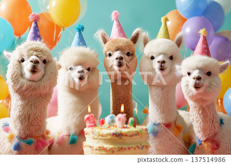 Five alpacas wearing party hats celebrate around a cake in a studio. Colorful balloons fill the background. 137514986