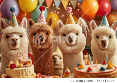 Alpacas wearing party hats celebrate a birthday in a party room. Colorful balloons and a cake add a festive mood. 137514987