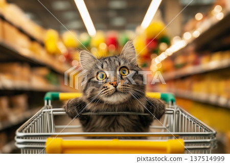 Cat sits in a shopping cart in a supermarket. Bright lights create warm bokeh behind the cat. Cat sits in a shopping cart in a supermarket. Bright lights create warm bokeh behind the cat. 137514999