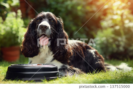 Springer Spaniel lies beside a food bowl in the garden. The dog relaxes in the sunlight. 137515000