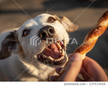 White dog bites a pretzel on the patio. Golden hour light highlights the joyful expression. White dog bites a pretzel on the patio. Golden hour light highlights the joyful expression. 137515016