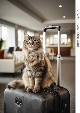 Cat sits on a suitcase in a hotel lobby. The silver handle of the suitcase stands behind the cat. Cat sits on a suitcase in a hotel lobby. The silver handle of the suitcase stands behind the cat. 137515022