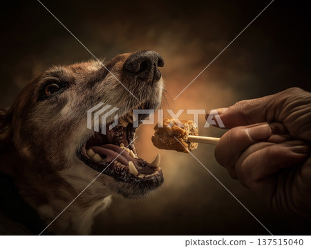 A dog opens its mouth as a hand offers a treat on a stick in a studio. Warm lighting creates a dramatic mood. A dog opens its mouth as a hand offers a treat on a stick in a studio. Warm lighting creates a dramatic mood. 137515040