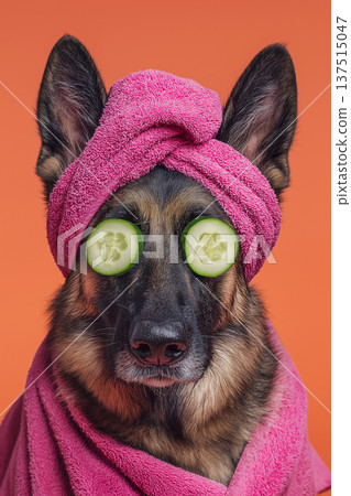 German Shepherd dog wears a pink towel head wrap in front of an orange background. Cucumber slices cover its eyes for a playful spa look. German Shepherd dog wears a pink towel head wrap in front of an orange background. Cucumber slices cover its eyes for a playful spa look. 137515047