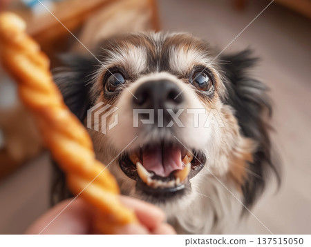 Small dog looks up at a chew treat in the living room. The dog's wide eyes and open mouth show excitement. Small dog looks up at a chew treat in the living room. The dog's wide eyes and open mouth show excitement. 137515050