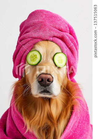 Golden retriever wearing a pink towel with cucumber slices over its eyes in a white background. Spa moment for a pampered dog. Golden retriever wearing a pink towel with cucumber slices over its eyes in a white background. Spa moment for a pampered dog. 137515063