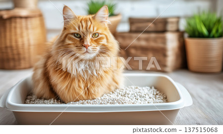 orange cat sits in a litter box in the living room. soft natural light fills the scene creating a cozy morning mood. 137515068