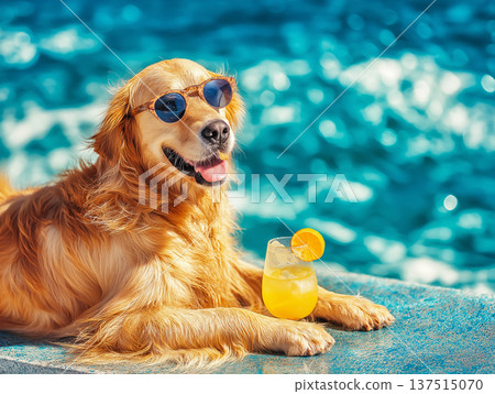 Golden retriever wearing sunglasses by the pool. A poolside scene creates a sunny vacation mood. 137515070