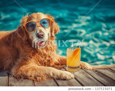 Golden retriever wearing orange sunglasses lounges on a wooden deck by a glass of orange juice. Sunshine bathes the deck in a warm tropical mood. 137515071