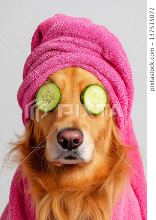 Golden retriever sits with cucumber slices over eyes on a gray background. Pink towel wrapped around head completes spa look. 137515072