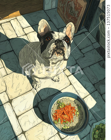 French Bulldog sits on the tiled kitchen floor. A bowl of kibble with carrot toppings sits nearby. French Bulldog sits on the tiled kitchen floor. A bowl of kibble with carrot toppings sits nearby. 137515073