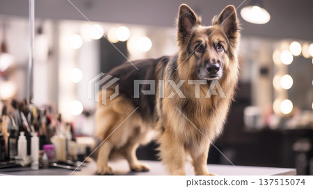 German Shepherd stands on a makeup studio counter. Makeup brushes and bottles line the bench under warm vanity lights. 137515074